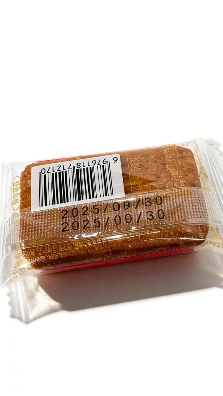 白底食品包装袋成品，袋面可见日期批号喷印与条码